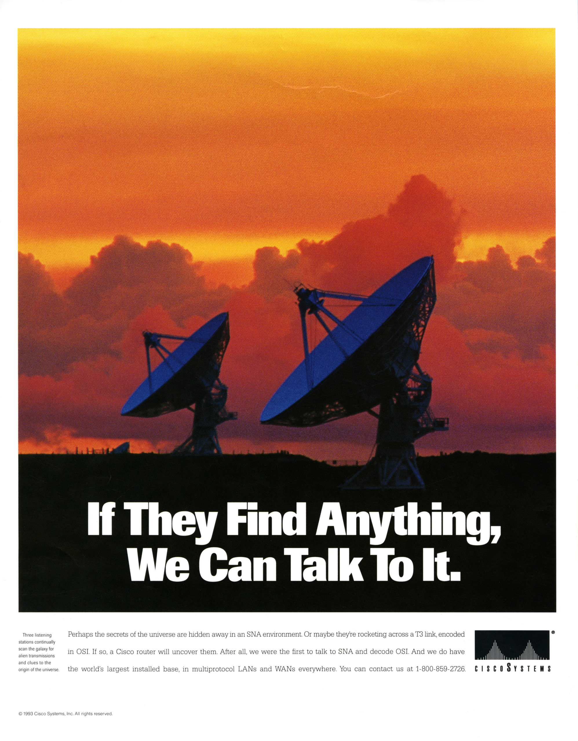 Two radio telescopes against an orange cloudy sky background with the text "If They Find Anything, We Can Talk To It."