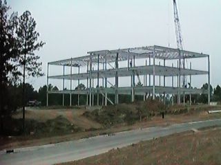 The steel beam outline of a building as the RTP campus is being built