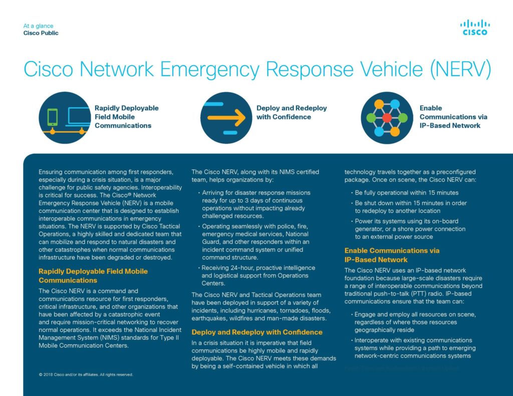At a glance document about the Cisco Network Emergency Response Vehicle (NERV)