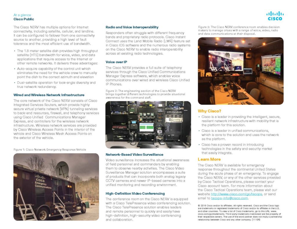 At a glance document about the Cisco Network Emergency Response Vehicle (NERV) including photographs of the interior of the vehicle