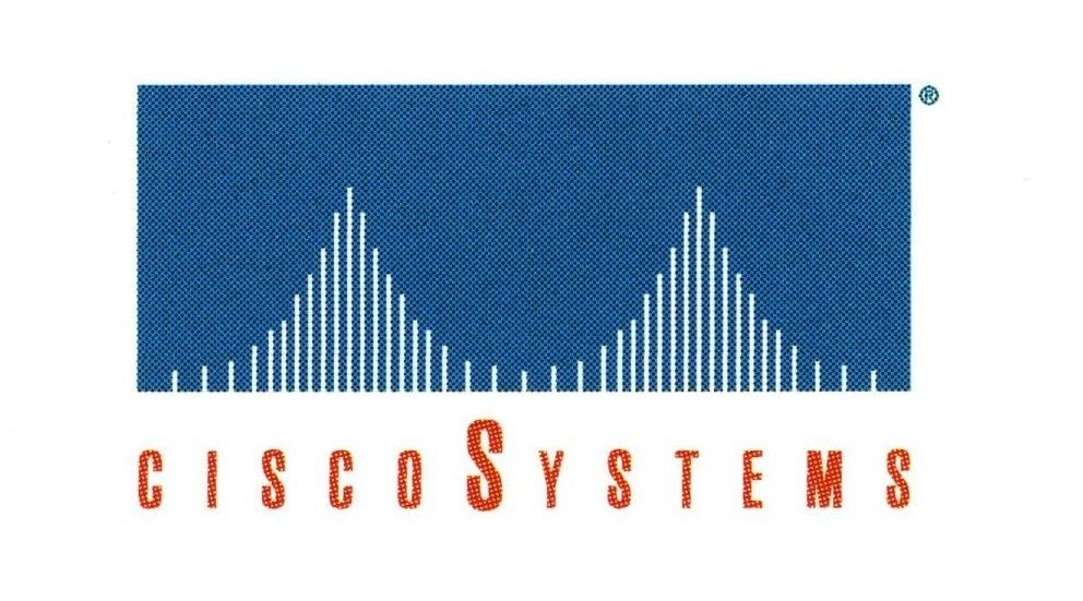 Vintage cisco logo with white bridge against a blue background with the text 