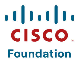 Cisco foundation logo of blue tines in the shape of a bridge, red text reading CISCO and foundation in blue