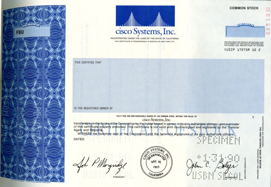 A specimen of stock certificate for cisco Systems, Inc. It's printed with blue anti-forgery ink and embossed heavily